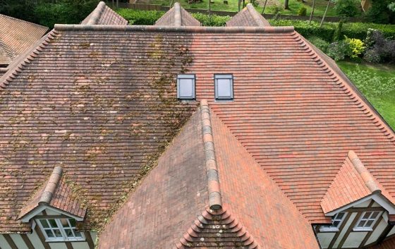 Roof cleaned half way to show difference