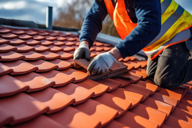Roofer carrying out roof repair by replacing tiles on a roof