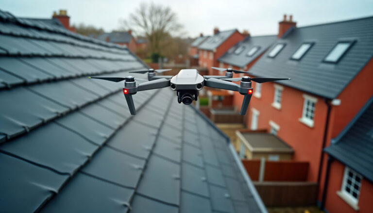 Roof being surveyed using a drone
