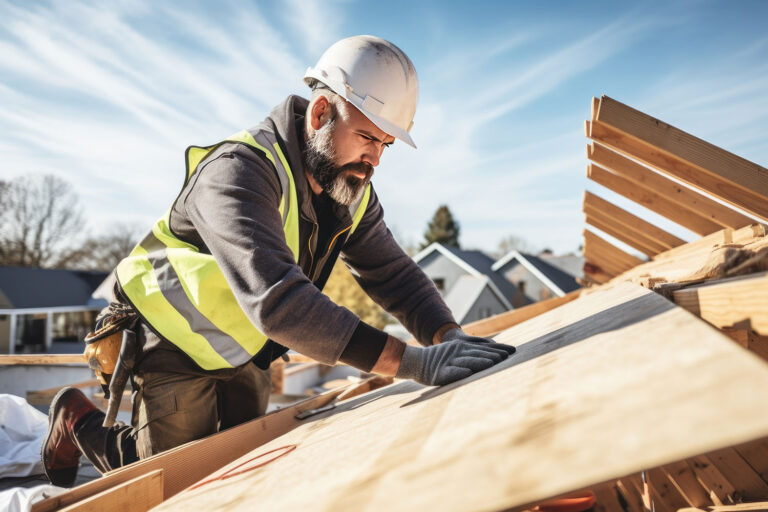 Roofer working on a roof laying boards
