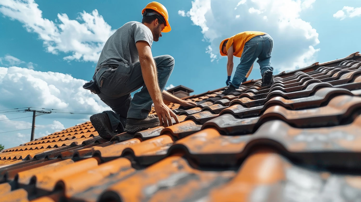 Roofers fitting tiles on a roof
