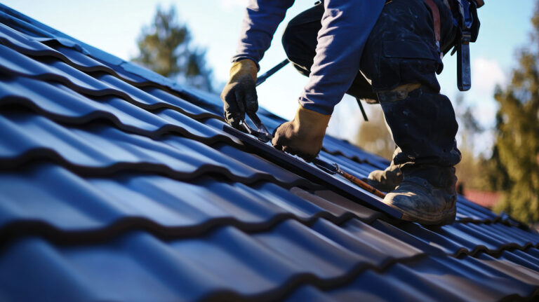 Roofer on roof carrying on roof repair on a house in Norwich