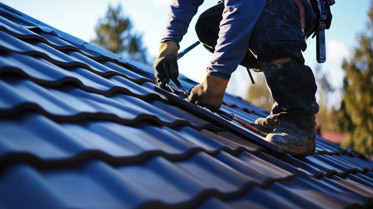 Roofer on roof carrying on roof repair on a house in Norwich